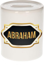Abraham naam cadeau spaarpot met gouden embleem - kado verjaardag/ vaderdag/ pensioen/ geslaagd/ bedankt