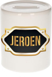 Jeroen naam cadeau spaarpot met gouden embleem - kado verjaardag/ vaderdag/ pensioen/ geslaagd/ bedankt