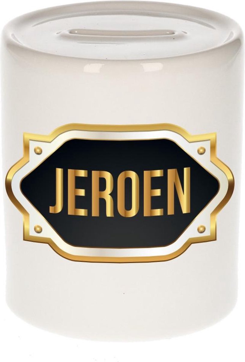 Jeroen naam cadeau spaarpot met gouden embleem - kado verjaardag/ vaderdag/ pensioen/ geslaagd/ bedankt