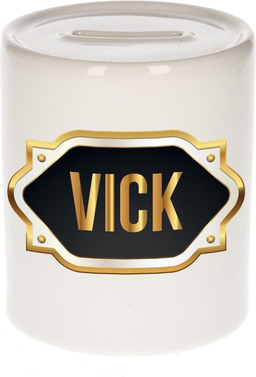 Vick naam cadeau spaarpot met gouden embleem - kado verjaardag/ vaderdag/ pensioen/ geslaagd/ bedankt