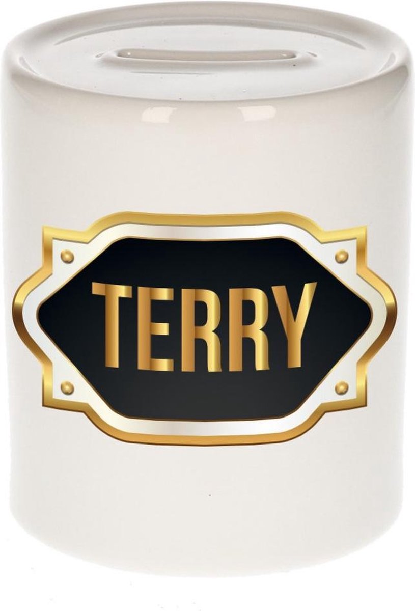 Terry naam cadeau spaarpot met gouden embleem - kado verjaardag/ vaderdag/ pensioen/ geslaagd/ bedankt