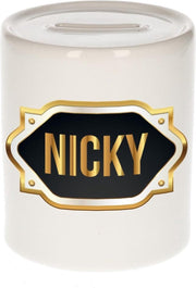 Nicky naam cadeau spaarpot met gouden embleem - kado verjaardag/ vaderdag/ pensioen/ geslaagd/ bedankt