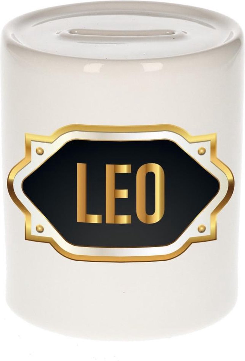 Leo naam cadeau spaarpot met gouden embleem - kado verjaardag/ vaderdag/ pensioen/ geslaagd/ bedankt