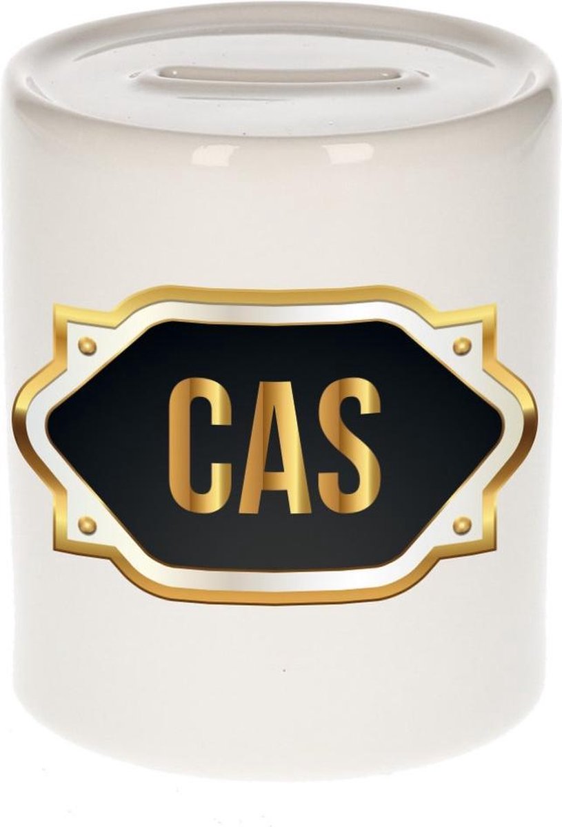 Cas naam cadeau spaarpot met gouden embleem - kado verjaardag/ vaderdag/ pensioen/ geslaagd/ bedankt