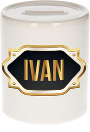 Ivan naam cadeau spaarpot met gouden embleem - kado verjaardag/ vaderdag/ pensioen/ geslaagd/ bedankt