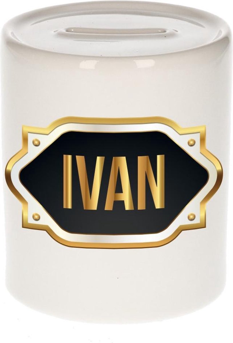 Ivan naam cadeau spaarpot met gouden embleem - kado verjaardag/ vaderdag/ pensioen/ geslaagd/ bedankt
