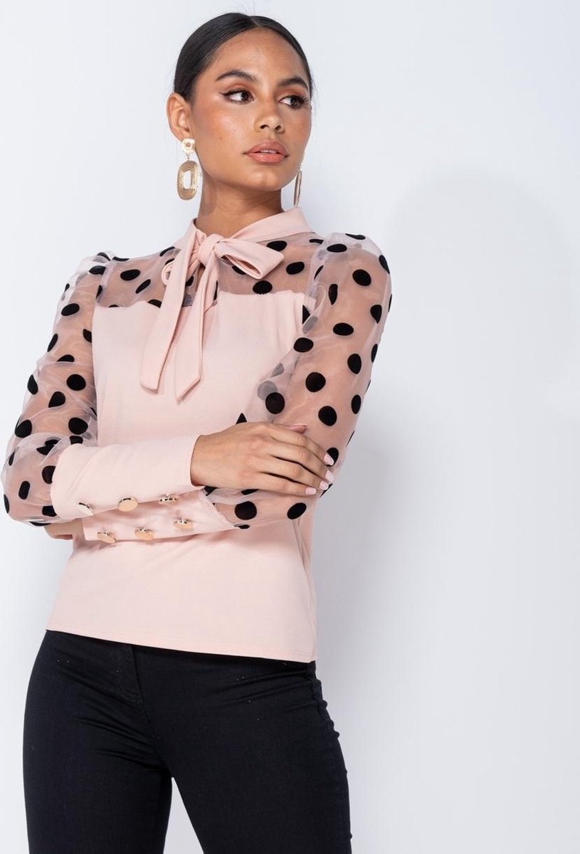 PARISIAN Polka Dot Organza Sleeve Tie Neck Blouse - Dames - Pink