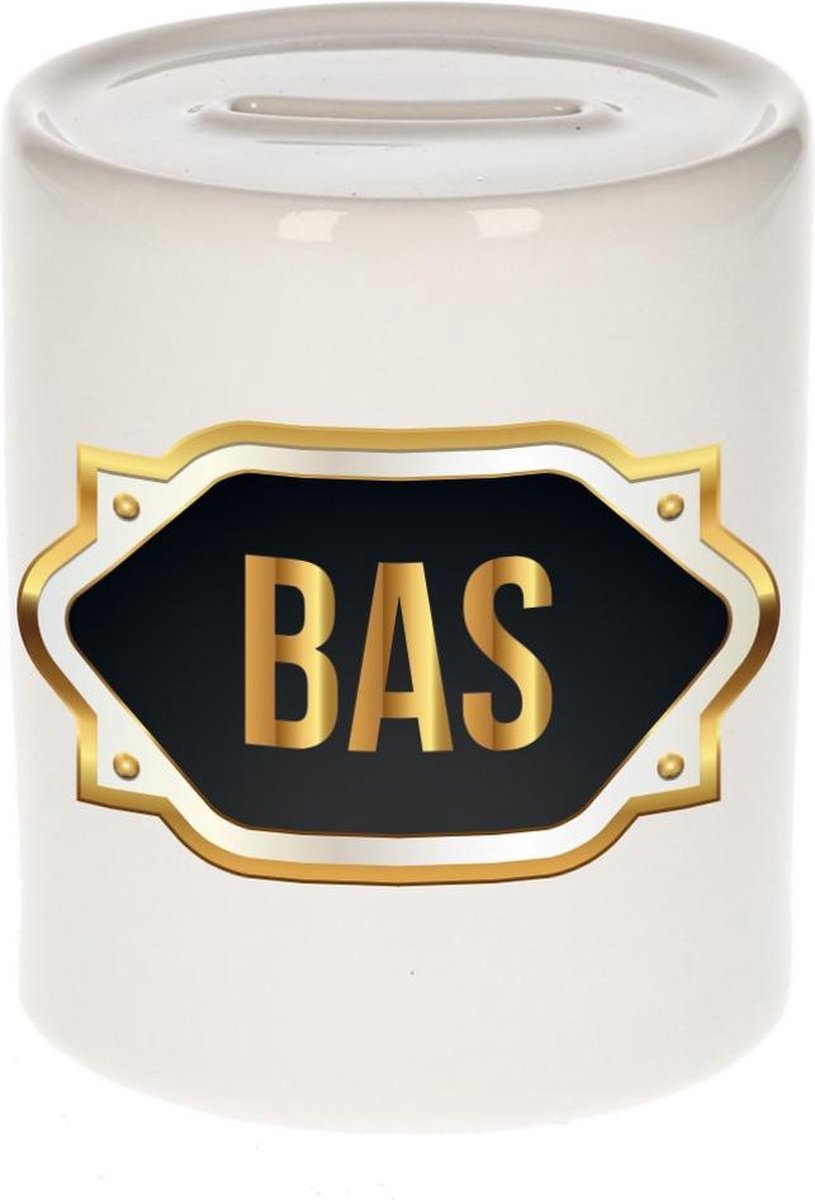Bas naam cadeau spaarpot met gouden embleem - kado verjaardag/ vaderdag/ pensioen/ geslaagd/ bedankt