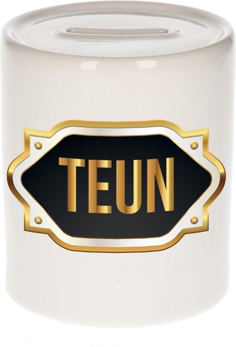 Teun naam cadeau spaarpot met gouden embleem - kado verjaardag/ vaderdag/ pensioen/ geslaagd/ bedankt