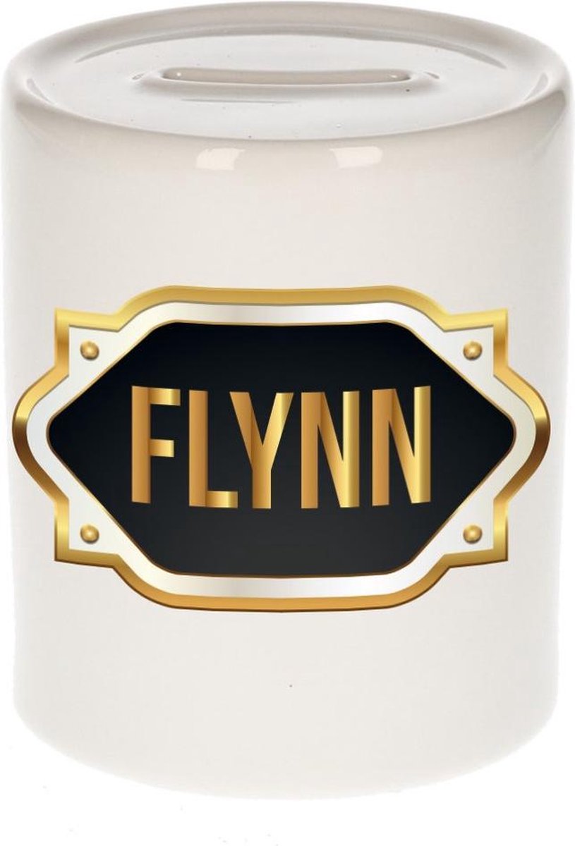 Flynn naam cadeau spaarpot met gouden embleem - kado verjaardag/ vaderdag/ pensioen/ geslaagd/ bedankt