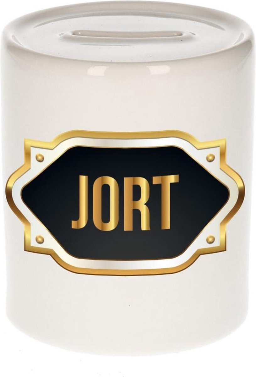 Jort naam cadeau spaarpot met gouden embleem - kado verjaardag/ vaderdag/ pensioen/ geslaagd/ bedankt
