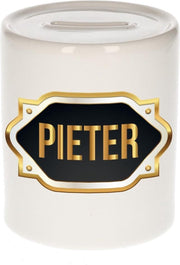 Pieter naam cadeau spaarpot met gouden embleem - kado verjaardag/ vaderdag/ pensioen/ geslaagd/ bedankt