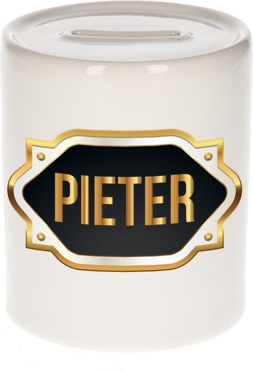 Pieter naam cadeau spaarpot met gouden embleem - kado verjaardag/ vaderdag/ pensioen/ geslaagd/ bedankt
