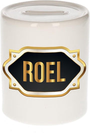 Roel naam cadeau spaarpot met gouden embleem - kado verjaardag/ vaderdag/ pensioen/ geslaagd/ bedankt
