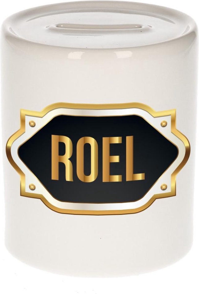 Roel naam cadeau spaarpot met gouden embleem - kado verjaardag/ vaderdag/ pensioen/ geslaagd/ bedankt