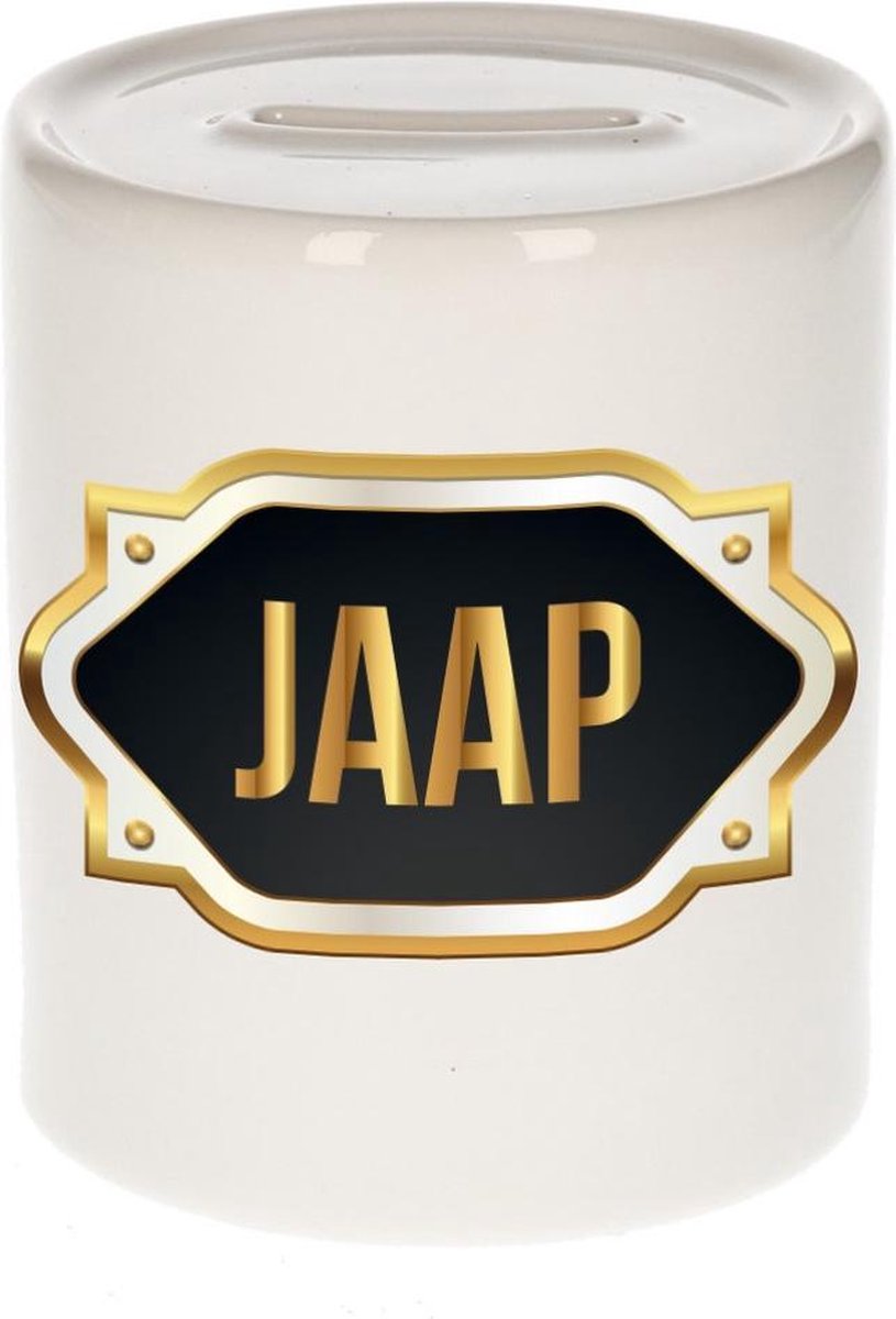 Jaap naam cadeau spaarpot met gouden embleem - kado verjaardag/ vaderdag/ pensioen/ geslaagd/ bedankt