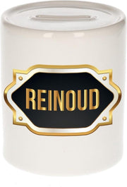 Reinoud naam cadeau spaarpot met gouden embleem - kado verjaardag/ vaderdag/ pensioen/ geslaagd/ bedankt