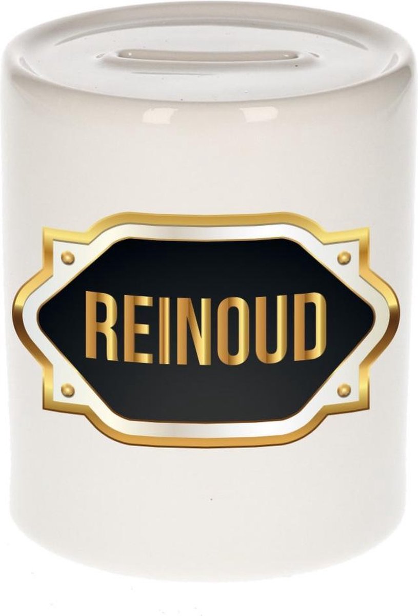 Reinoud naam cadeau spaarpot met gouden embleem - kado verjaardag/ vaderdag/ pensioen/ geslaagd/ bedankt