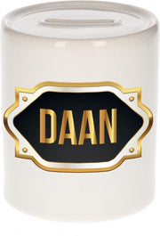 Daan naam cadeau spaarpot met gouden embleem - kado verjaardag/ vaderdag/ pensioen/ geslaagd/ bedankt