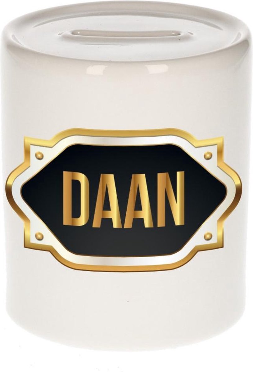 Daan naam cadeau spaarpot met gouden embleem - kado verjaardag/ vaderdag/ pensioen/ geslaagd/ bedankt