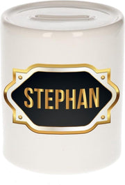 Stephan naam cadeau spaarpot met gouden embleem - kado verjaardag/ vaderdag/ pensioen/ geslaagd/ bedankt