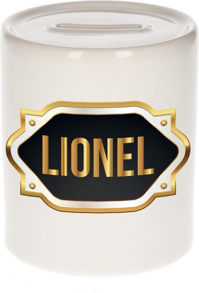 Lionel naam cadeau spaarpot met gouden embleem - kado verjaardag/ vaderdag/ pensioen/ geslaagd/ bedankt