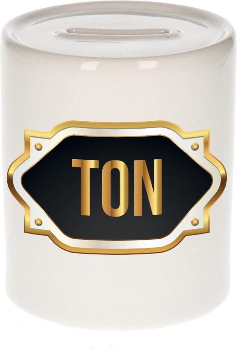 Ton naam cadeau spaarpot met gouden embleem - kado verjaardag/ vaderdag/ pensioen/ geslaagd/ bedankt