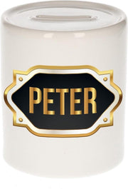 Peter naam cadeau spaarpot met gouden embleem - kado verjaardag/ vaderdag/ pensioen/ geslaagd/ bedankt