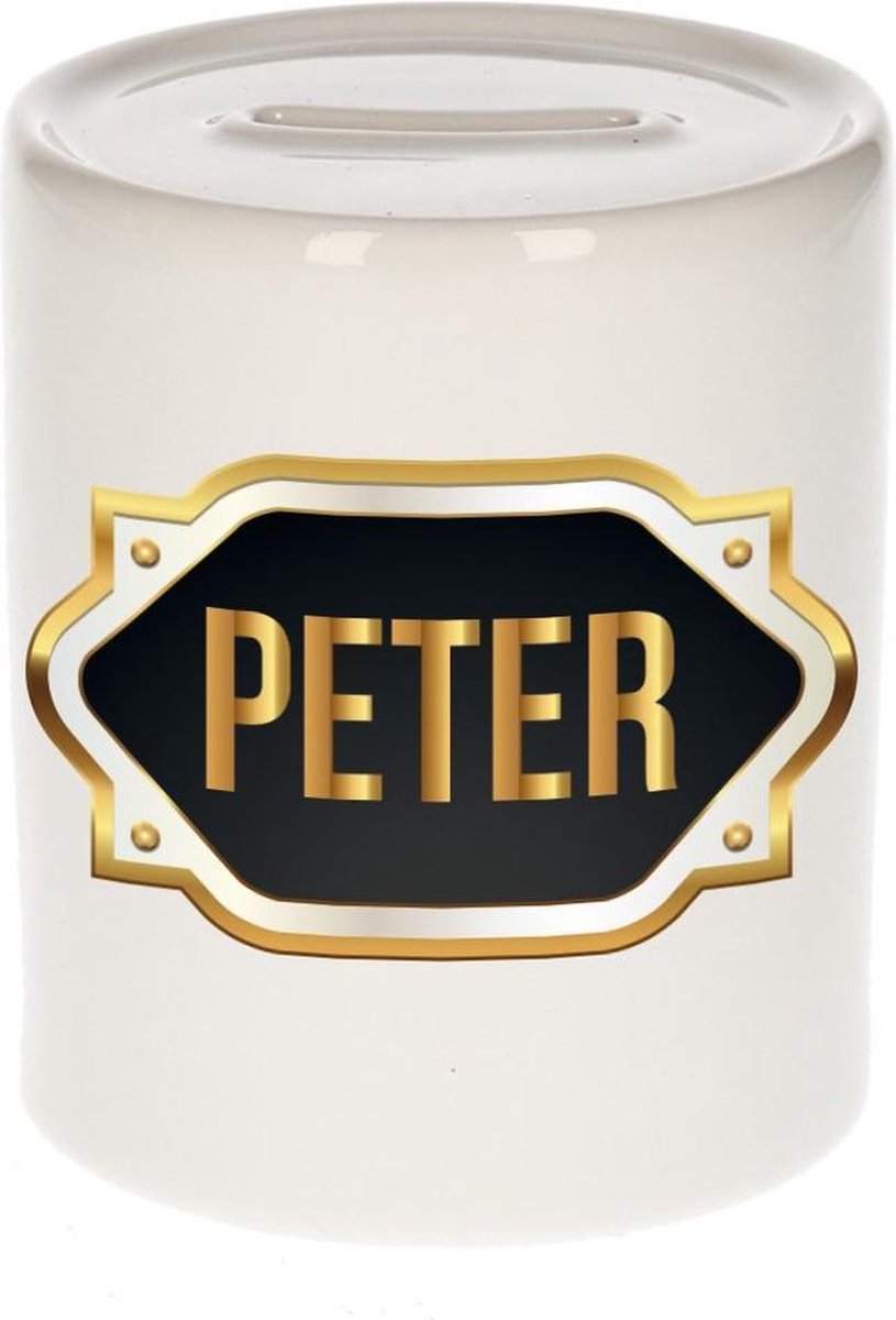 Peter naam cadeau spaarpot met gouden embleem - kado verjaardag/ vaderdag/ pensioen/ geslaagd/ bedankt