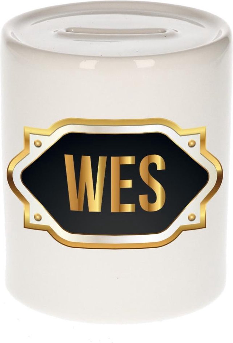 Wes naam cadeau spaarpot met gouden embleem - kado verjaardag/ vaderdag/ pensioen/ geslaagd/ bedankt