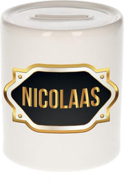 Nicolaas naam cadeau spaarpot met gouden embleem - kado verjaardag/ vaderdag/ pensioen/ geslaagd/ bedankt
