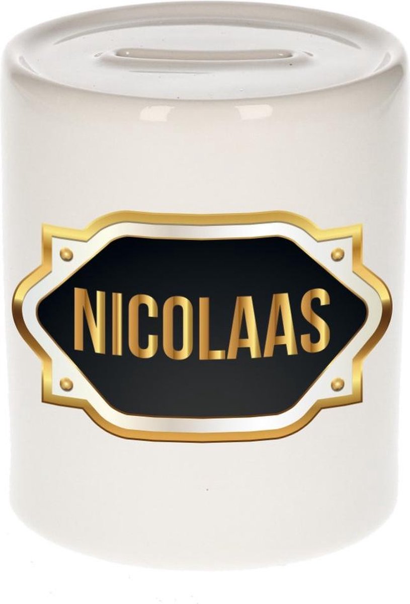 Nicolaas naam cadeau spaarpot met gouden embleem - kado verjaardag/ vaderdag/ pensioen/ geslaagd/ bedankt
