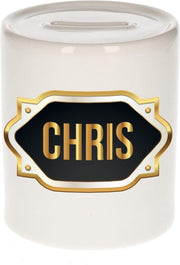 Chris naam cadeau spaarpot met gouden embleem - kado verjaardag/ vaderdag/ pensioen/ geslaagd/ bedankt