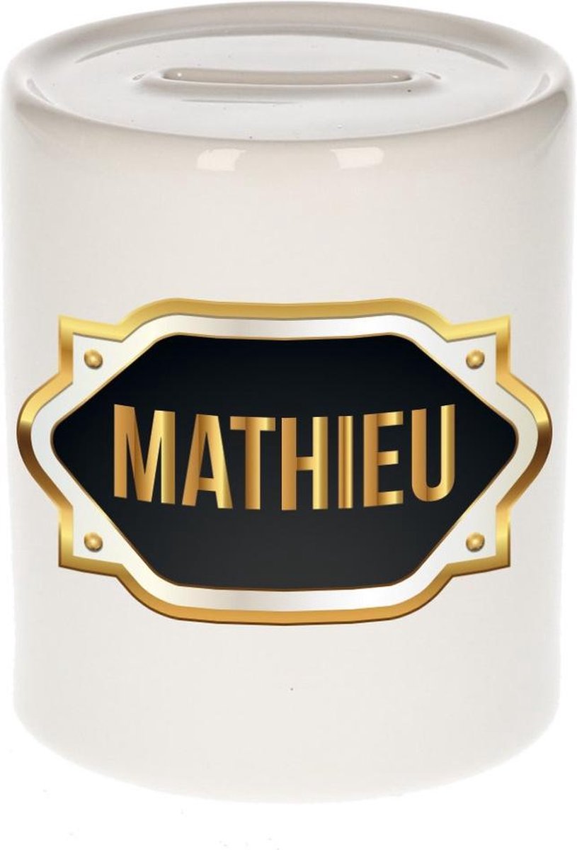 Mathieu naam cadeau spaarpot met gouden embleem - kado verjaardag/ vaderdag/ pensioen/ geslaagd/ bedankt