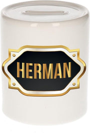 Herman naam cadeau spaarpot met gouden embleem - kado verjaardag/ vaderdag/ pensioen/ geslaagd/ bedankt