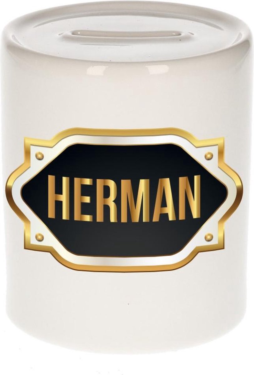 Herman naam cadeau spaarpot met gouden embleem - kado verjaardag/ vaderdag/ pensioen/ geslaagd/ bedankt