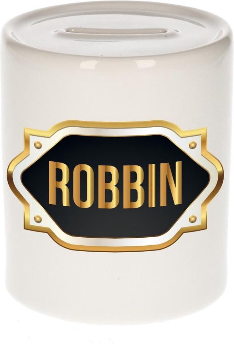 Robbin naam cadeau spaarpot met gouden embleem - kado verjaardag/ vaderdag/ pensioen/ geslaagd/ bedankt