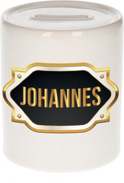 Johannes naam cadeau spaarpot met gouden embleem - kado verjaardag/ vaderdag/ pensioen/ geslaagd/ bedankt