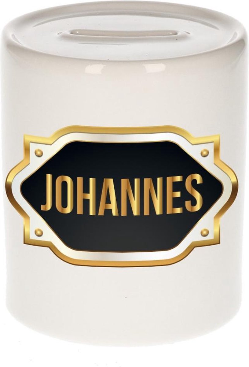 Johannes naam cadeau spaarpot met gouden embleem - kado verjaardag/ vaderdag/ pensioen/ geslaagd/ bedankt