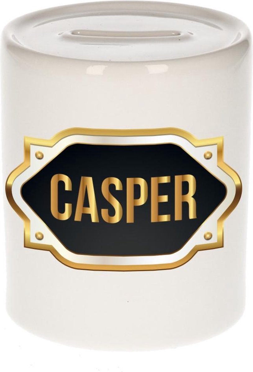 Casper naam cadeau spaarpot met gouden embleem - kado verjaardag/ vaderdag/ pensioen/ geslaagd/ bedankt