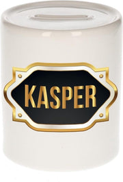 Kasper naam cadeau spaarpot met gouden embleem - kado verjaardag/ vaderdag/ pensioen/ geslaagd/ bedankt