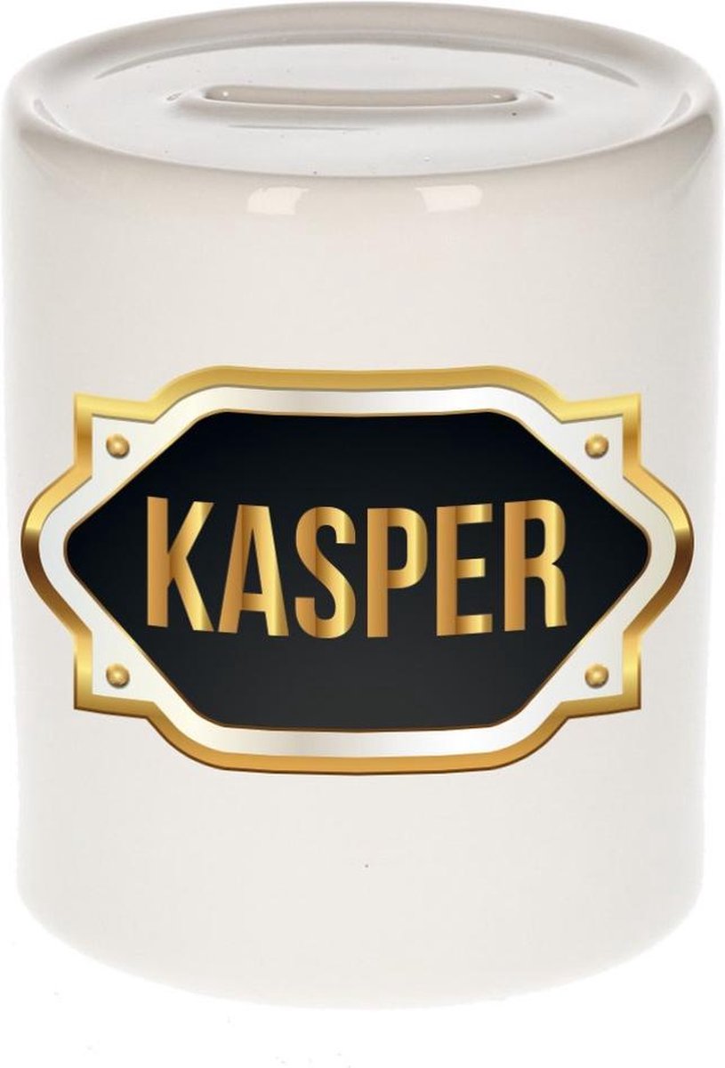 Kasper naam cadeau spaarpot met gouden embleem - kado verjaardag/ vaderdag/ pensioen/ geslaagd/ bedankt