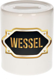 Wessel naam cadeau spaarpot met gouden embleem - kado verjaardag/ vaderdag/ pensioen/ geslaagd/ bedankt
