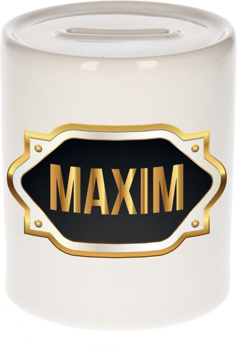 Maxim naam cadeau spaarpot met gouden embleem - kado verjaardag/ vaderdag/ pensioen/ geslaagd/ bedankt