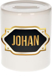 Johan naam cadeau spaarpot met gouden embleem - kado verjaardag/ vaderdag/ pensioen/ geslaagd/ bedankt