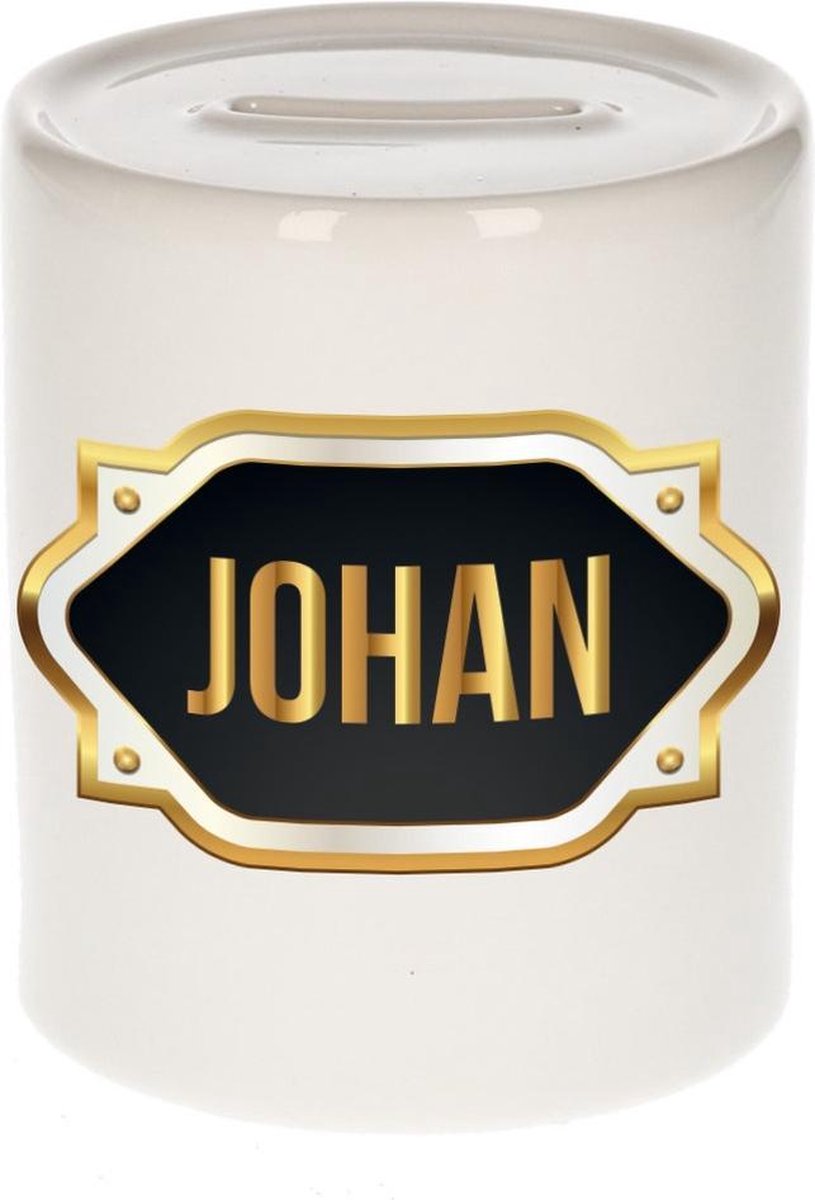 Johan naam cadeau spaarpot met gouden embleem - kado verjaardag/ vaderdag/ pensioen/ geslaagd/ bedankt