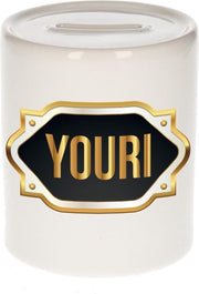 Youri naam cadeau spaarpot met gouden embleem - kado verjaardag/ vaderdag/ pensioen/ geslaagd/ bedankt