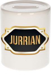 Jurrian naam cadeau spaarpot met gouden embleem - kado verjaardag/ vaderdag/ pensioen/ geslaagd/ bedankt