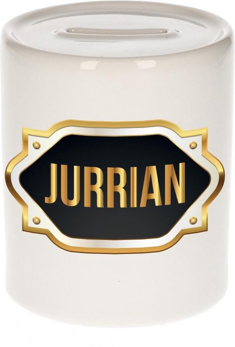 Jurrian naam cadeau spaarpot met gouden embleem - kado verjaardag/ vaderdag/ pensioen/ geslaagd/ bedankt