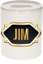 Jim naam cadeau spaarpot met gouden embleem - kado verjaardag/ vaderdag/ pensioen/ geslaagd/ bedankt